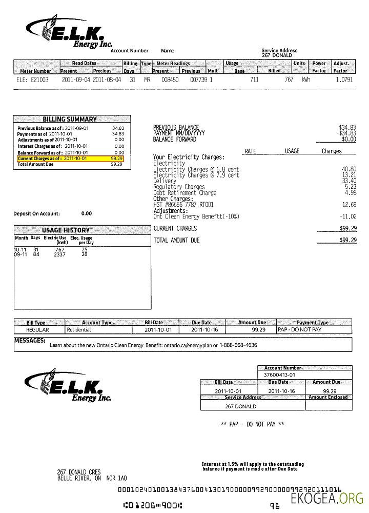 Canada ELK energy utility bill template, fully editable in PSD format